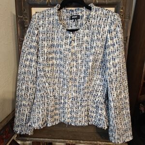 DKNY Blue and White Tweed Collarless Blazer